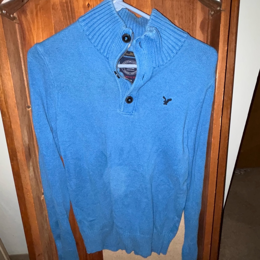 Men's Blue Sweater with Button Collar